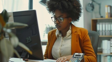 Leinwandbilder - Accountant Young african businesswoman in afro hairstyle Using Calculator For documents Accounting financial sitting at computer in workplace office : Generative AI