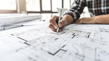 Poster - Architect working with blueprints closeup of hand and pen : Generative AI
