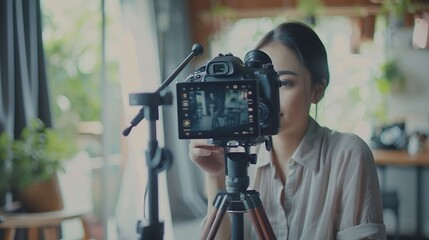 vlogger blogger small SME business asian beautiful woman using mobile phone live streaming for sell clothes live stream selling online show product present detail at home : Generative AI