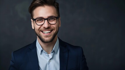 Poster - Close up portrait of a cheerful man in glasses and dark blue suit Isolated on grey background : Generative AI