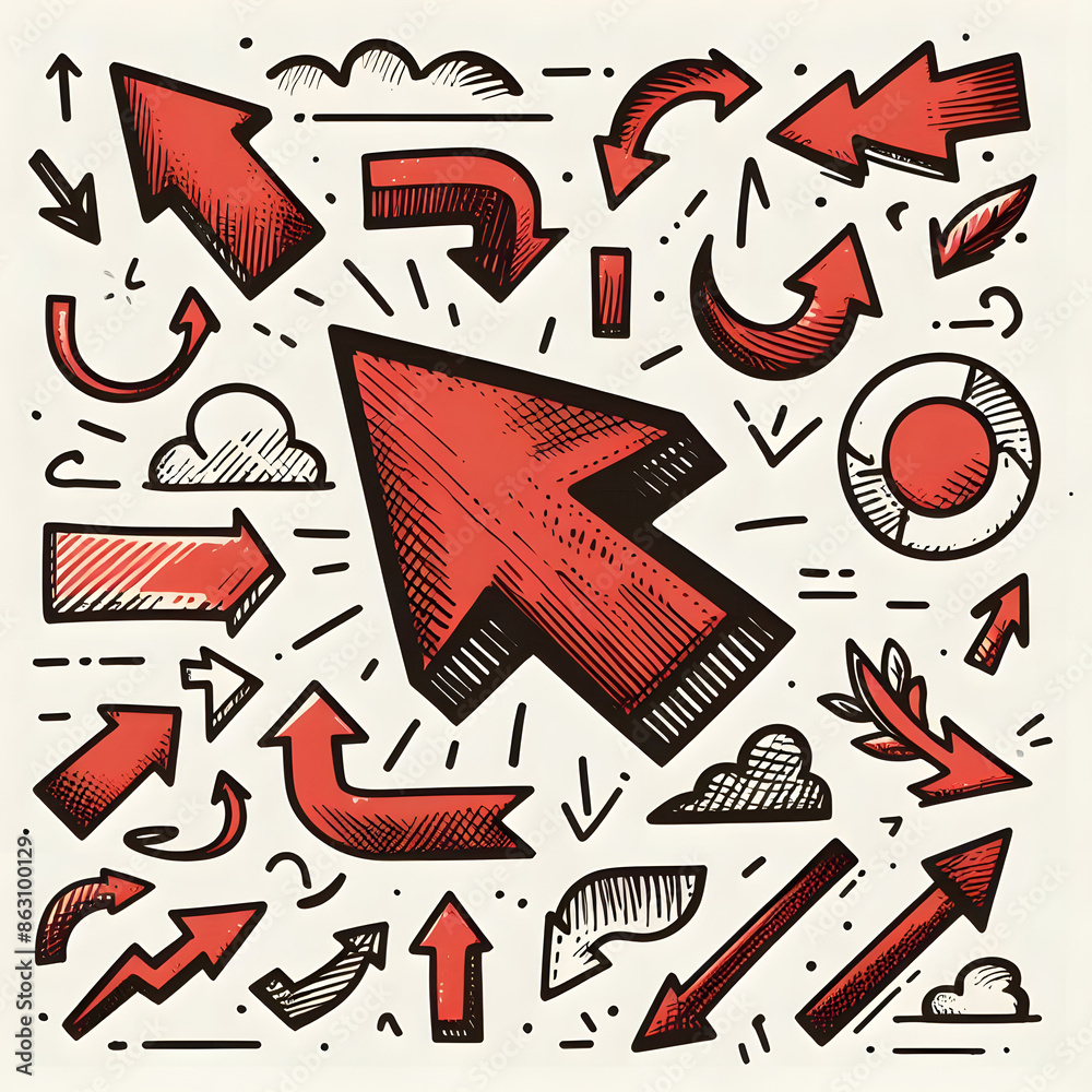 Red arrow vector hand-drawn sketch icon set with directional elements ...