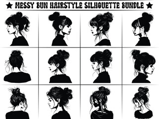 Messy Bun Hairstyle silhouette bundle, Beauty Woman In Messy Bun, Messy Hair Silhouette.