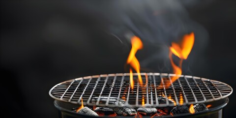 Wall Mural - Portable BBQ grill with flaming fire and charcoal on black background. Concept BBQ Grill, Flaming Fire, Charcoal, Black Background, Portable