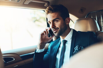 Poster - Car, phone call and businessman in taxi for morning commute, trip or journey safety while chatting. Transport, smartphone and male passenger with online conversation, networking or chauffeur service