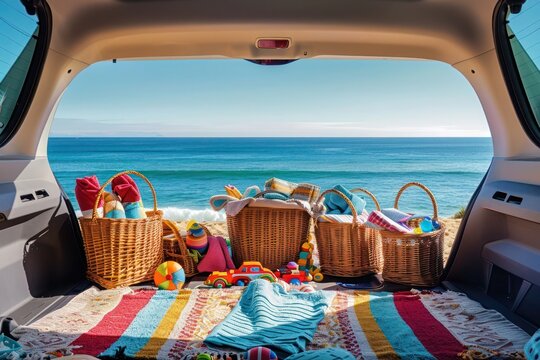A picturesque beachside setup with an open car trunk filled with picnic baskets, beach towels, and toys, the car facing the serene, blue ocean under a clear sky.