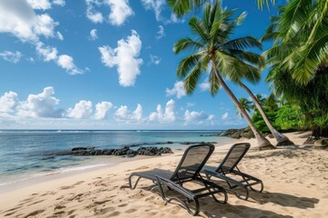 A picturesque beach landscape with two empty lounge chairs positioned on the powdery sand near the tranquil sea