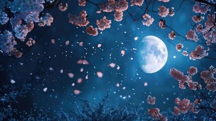 Poster - Bright moonlight shining down on cherry blossoms falling in the wind