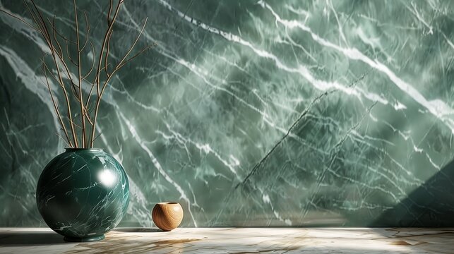  marble texture background in deep emerald green with white veins, integrated with walnut wood elements. The highly polished marble and smooth wood create a rich and inviting backdrop, making the furn