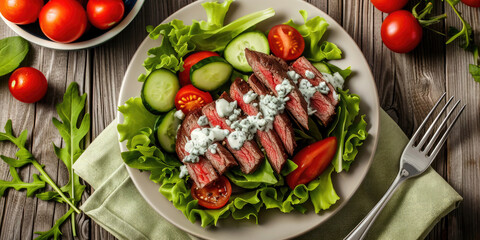 Poster - Delicious Plate of Salad with Grilled Steak, Tomatoes, Cucumber and Blue Cheese Dressing  on a Wooden Table Shot from Above. 