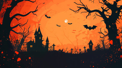 Wall Mural - Halloween castle at a graveyard, full moon, bats flying around, evil scary night, darkness