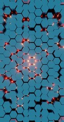 Poster - Futuristic 3D Render of Glowing Hexagonal Pattern - Neon Blue and Red Geometric Design