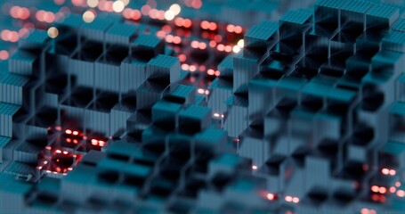 Poster - 3D Abstract Render of Blue and Red Cubes with Neon Highlights - Futuristic Geometric Design