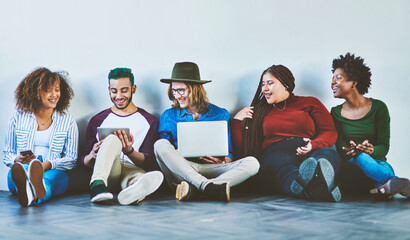 Aufkleber - Team, friends and students with technology on floor for social media, learning or study. Diversity, group and happy people on tablet, phone or read knowledge on laptop for online education at college