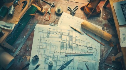 Aufkleber - A table with a drawing of a house and a ruler