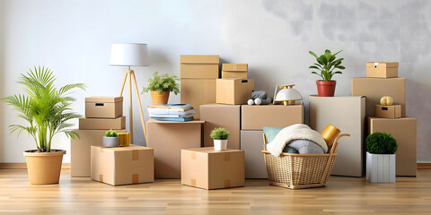 Moving boxes with various household items inside with copy space. Moving to new home, relocation, renovation, homestaging, removals and delivery service.