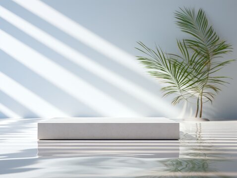 Serene Summer Vibes - Modern Podium with Water Ripples and Palm Leaves Against White Wall in Natural Light - 3D Rendering