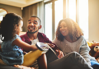 Canvas Print - Guitar, smile and teaching with family in home living room together for bonding. Instrument, love or music with mother, father and daughter in apartment for child development, learning or lesson