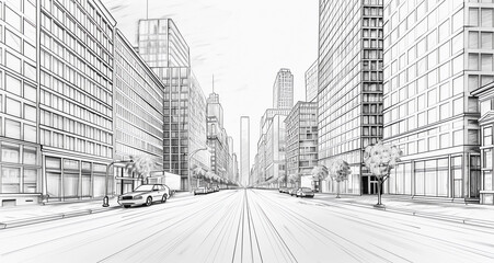 black and white sketch of modern and minimalistic American street, 3d illustration isolated on a white background