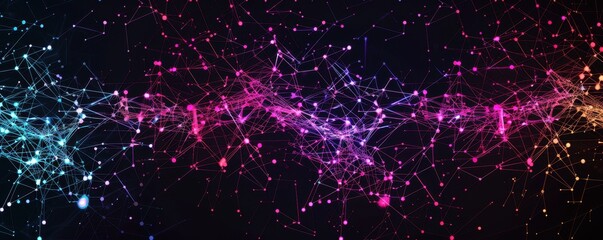 Leinwandbilder - Vibrant digital abstract network with colorful interconnected nodes and lines, forming a complex web against a dark background.