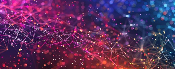 Poster - Vibrant and colorful abstract digital network background with glowing particles and interconnected nodes perfect for technology themes.