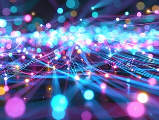 Poster - Vibrant abstract background with colorful bokeh lights and glowing lines, perfect for tech, digital, and futuristic themes.