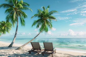 Wall Mural - A serene beachscape with a pair of lounge chairs nestled in the soft sand, overlooking the calm waters of the ocean, with palm trees gently swaying in the breeze and a clear blue sky overhead