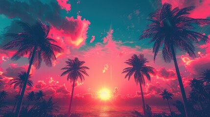 Poster - Silhouettes of palm trees against a vibrant pink and blue sunset sky over the ocean.