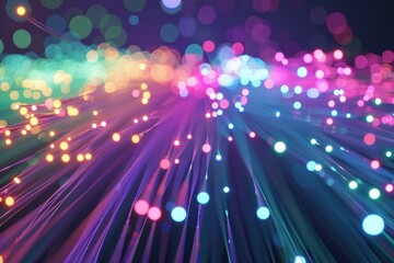 Aufkleber - Abstract technology background with colorful bokeh lights and fiber optics, representing data transfer and digital communication.