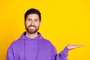 Wall Mural - Photo of good mood man with stylish bristle dressed purple hoodie palm presenting object empty space isolated on yellow color background