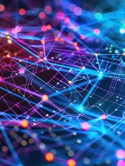 Poster - Abstract network and technology background with dynamic glowing lines and nodes, depicting connectivity and digital communication.