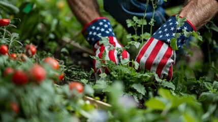 close-up of hands in american flag gardening gloves tending plants in garden with tomatoes and herbs