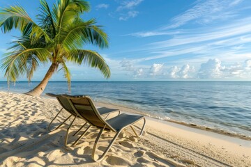 Wall Mural - A serene beachscape with a pair of lounge chairs nestled in the soft sand, overlooking the calm waters of the ocean, with palm trees gently swaying in the breeze and a clear blue sky overhead