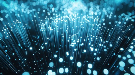 Aufkleber - Abstract glowing fiber optic cables with bokeh effect in blue tones, representing high-speed internet and futuristic concepts.