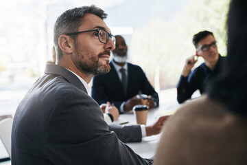 Aufkleber - Startup, planning and business meeting with people listening to ideas for sales growth in development project. Partnership, collaboration or employees talking, b2b training or speaking of kpi target
