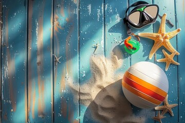 Wall Mural - A serene scene of a beach ball, snorkel gear, and a starfish laid out on a sun-faded blue plank, with the warm sand lightly dusting the surface, capturing a perfect summer vibe.