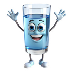 Wall Mural - 3D glass of water funny cartoon character with eyes on transparent background illustration