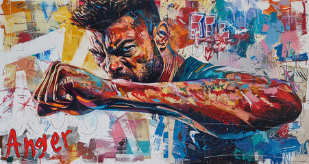 Wall Mural - Graffiti image of a young guy filled with anger hitting with his hand with 