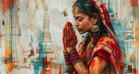 Wall Mural - Graffiti image of an Indian lady praying with her eyes closed on a colorful backwall of the city streets with 