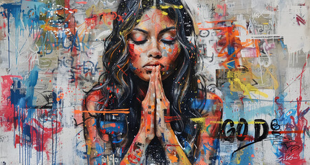 Wall Mural - Graffiti image of a young lady praying with her eyes closed on a colorful backwall of the city streets with 