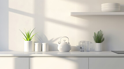 Modern kitchen with white surfaces and green plants