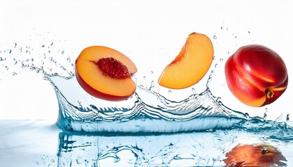Wall Mural - Nectarine sliced pieces flying in the air with water splash isolated on transparent