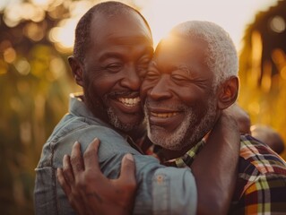 Two happy black men hugging outdoors at golden hour. Smiling senior african american gay couple hugging in nature
