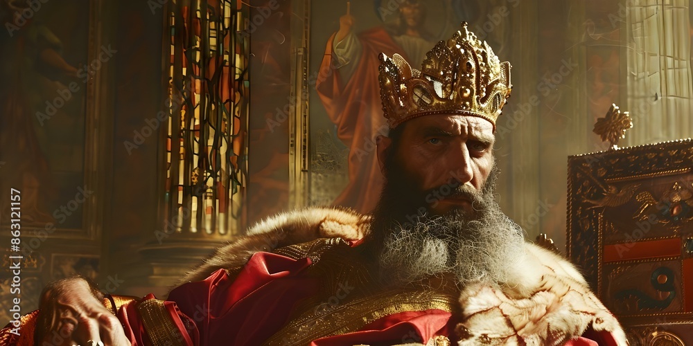 King Solomon on his throne with crown looking outside Temple of Solomon ...