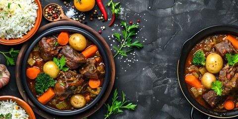 Wall Mural - Jamaican oxtail stew with rice potatoes carrots and fresh herbs on table. Concept Food Photography, Jamaican Cuisine, Oxtail Stew, Dinner Spread, Fresh Ingredients