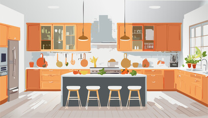 home modern kitchen interior furniture  diiner table cooking appliances fridge Vector illustration