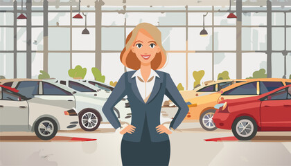 Smile saleswoman at car dealership in formal wear. Purchase sale rental auto. Vector illustration