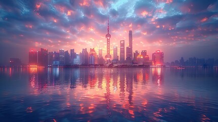 Golden Tranquility Shanghai’s Futuristic Skyline Illuminated Against the Twilight Sky