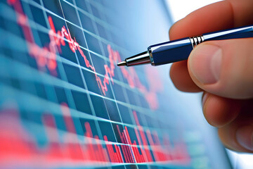 Wall Mural - Technical analysis in stock market concept, financial data and graph analysis, hand holding a pen pointing to an upward trending stock graph