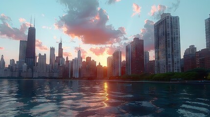Chicago Skyline Glowing at Sunset, USA
