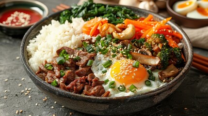 An appetizing bowl of Korean bibimbap, featuring a harmonious mix of vibrant ingredients such as rice, vegetables, meat, and a perfectly cooked egg on top, reflecting Korean cuisine and cultural rich